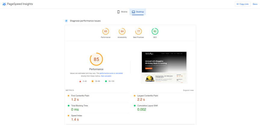 PageSpeed Insights results