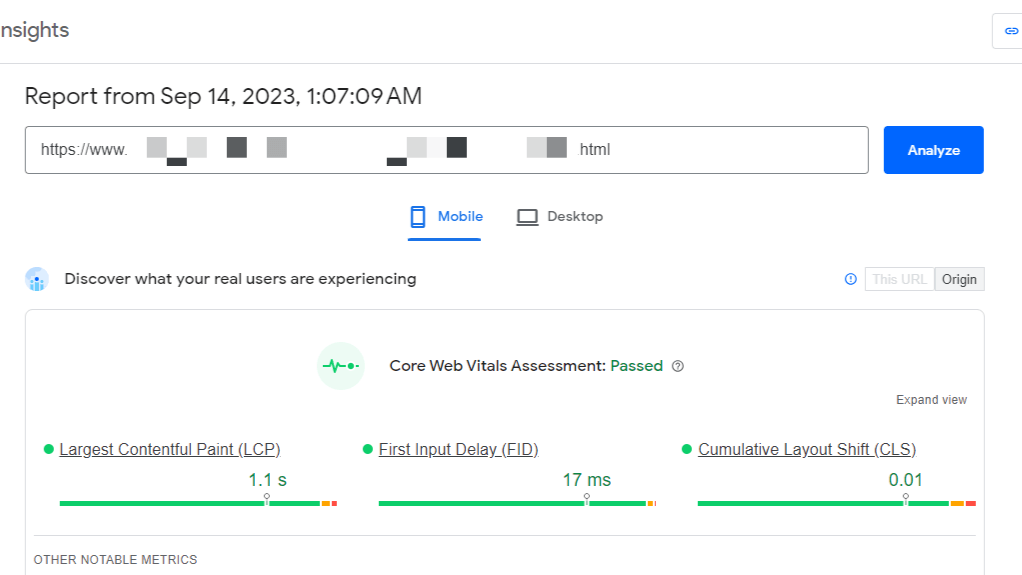 Mobile Core Web Vitals Assessment results showing all positive results