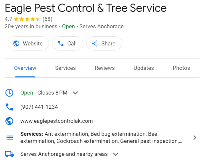 Pest control Google Business Profile listing