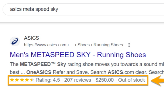 Le résultat de la recherche Asics comprend la note moyenne par étoile, le prix et les informations sur la disponibilité.