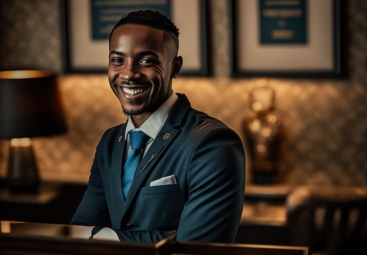 Smiling man in a blue suit at a classy establishment