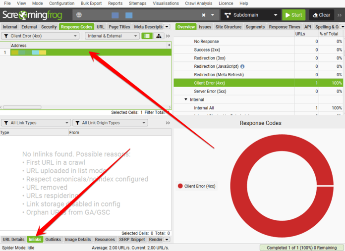 Screaming Frog response code inlinks report