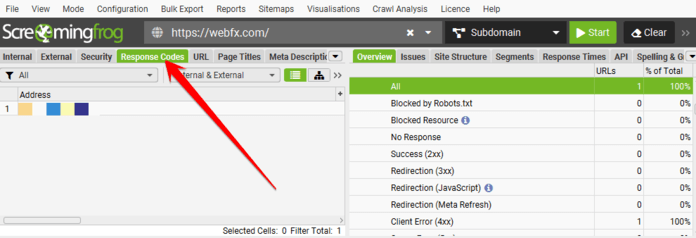 Screaming Frog response codes report