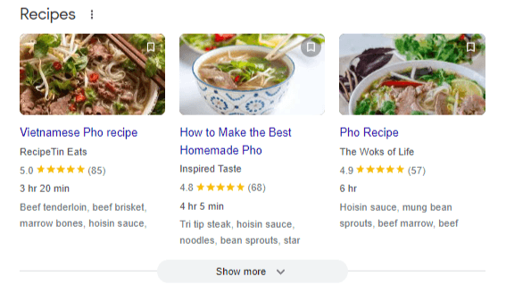 Recipes rich results for pho recipe pages