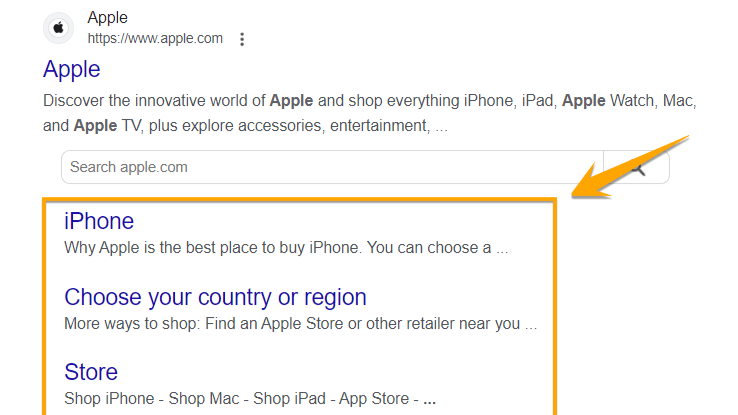 Rich results for an Apple.com search result that include additional sitelinks