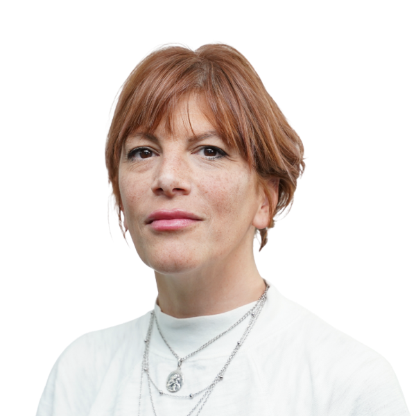 Portrait of a woman with short hair against a transparent background.