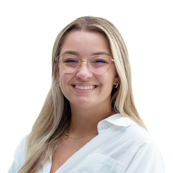 Smiling woman with glasses,long hair on a white background.