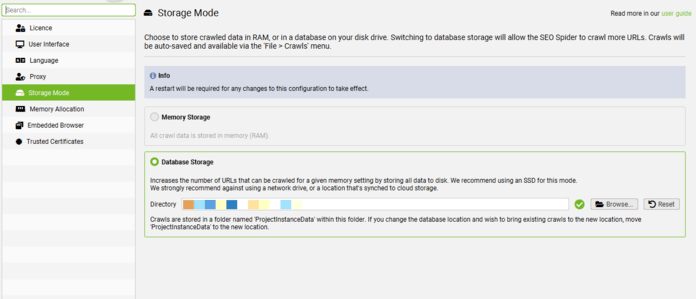 Screaming Frog select database storage