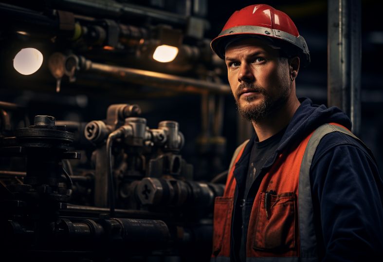 Focused worker in hardhat at industrial site