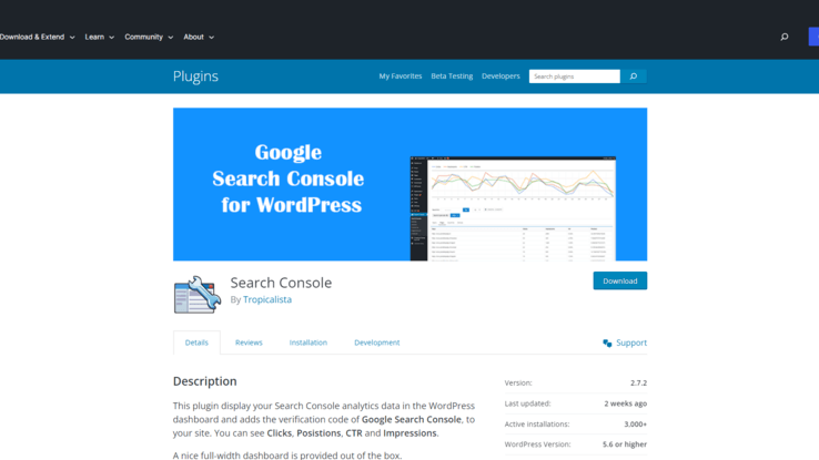 Google Search Console for WordPress plugin page