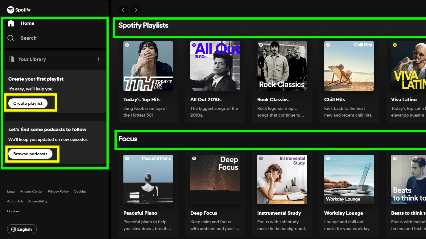 Spotify's landing page includes simple navigation in the sidebar and descriptive headings in the main section