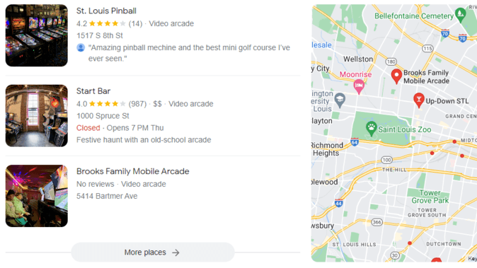 3-pack of St. Louis arcades listed alongside a map