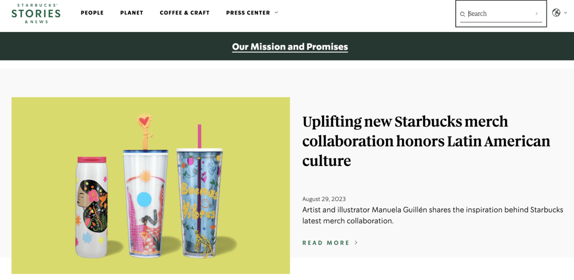 Homepage of Starbucks' blog, showcasing a featured post