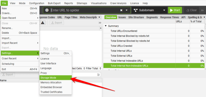 Storage mode settings in Screaming Frog