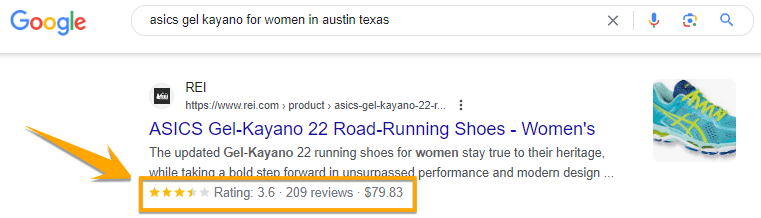 Structured data at the bottom of a search result shows the average rating and price of a product