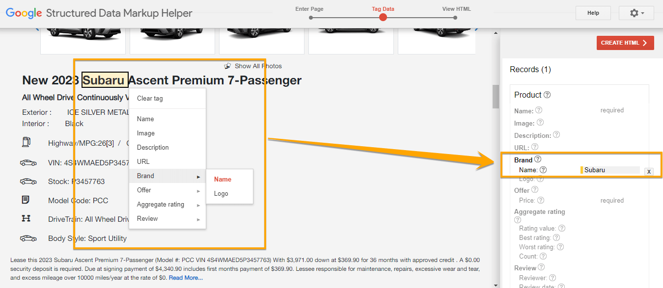 Etiquetado de un nombre de marca en una página de producto para el marcado de productos mediante el Structured Data Markup Helper