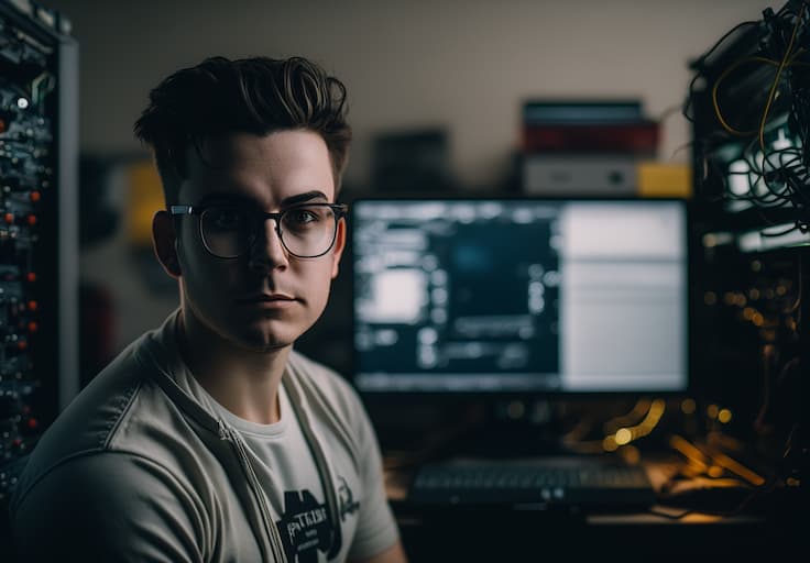 Man with glasses at computer.