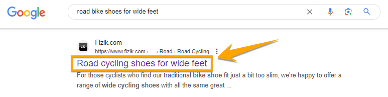 Page title displayed in search results for "road bike shoes for wide feet"