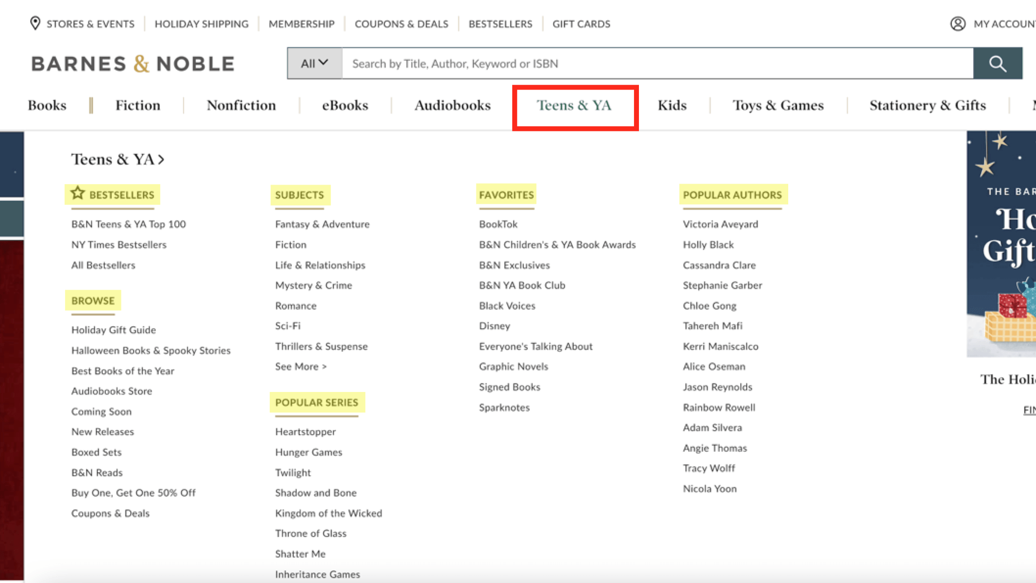 The "Teens & YA" section of Barnes & Noble's menu, depicting subcategories with page links nested below each