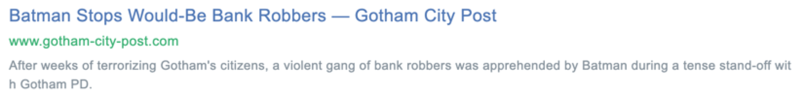 Search result for a Batman news article with a descriptive meta description unique to the specific article