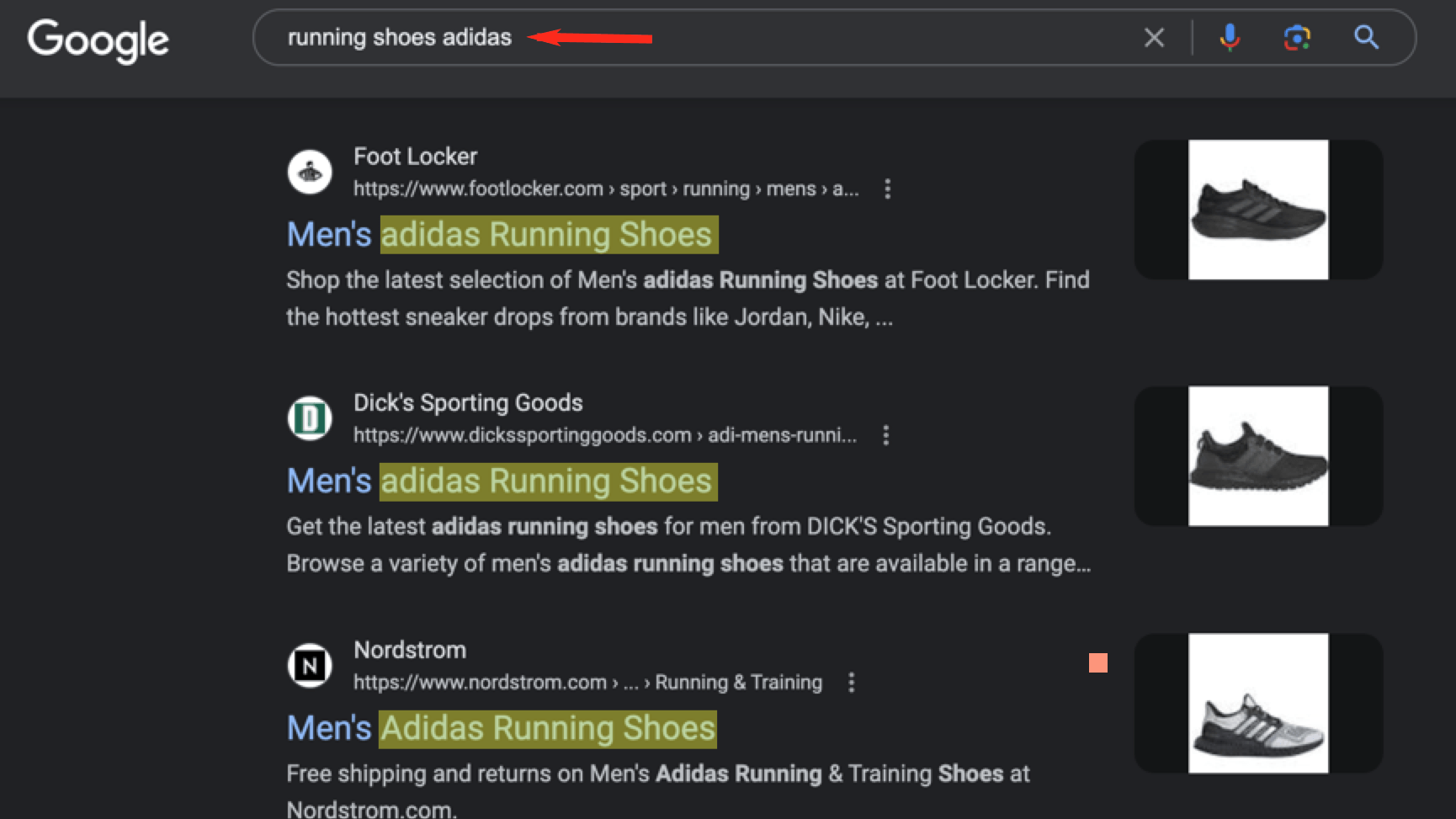 Top search results for "running shoes adidas" all include "adidas running shoes" in the title tag