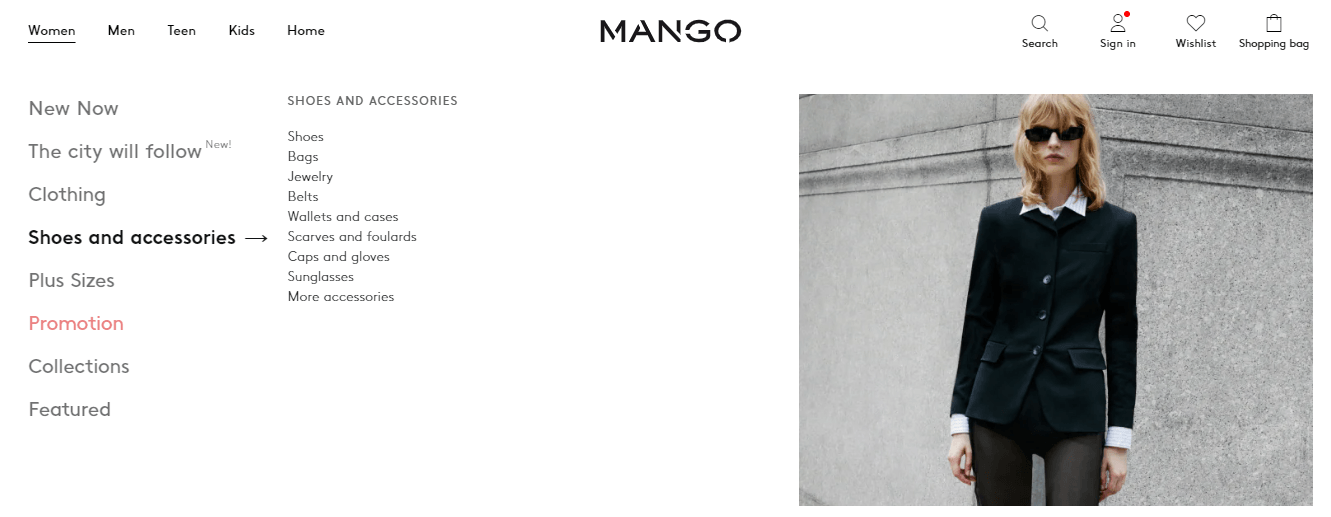 Mango navigation menu includes category pages for shoes, bags, jewelry, and more