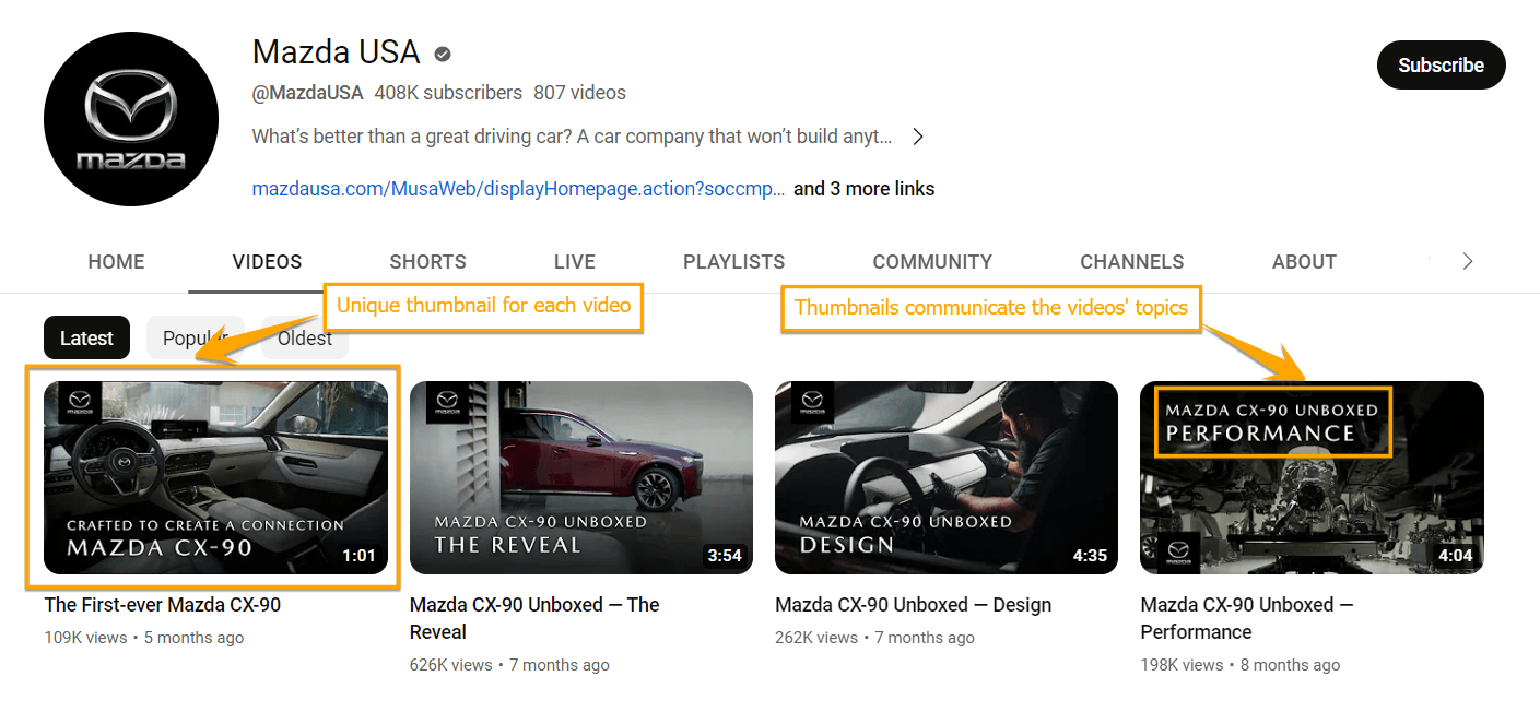 Mazda USA videos each have unique thumbnails that communicate the video's topic