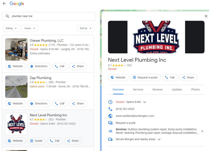 Google Business Profile and local listing for a plumbing company