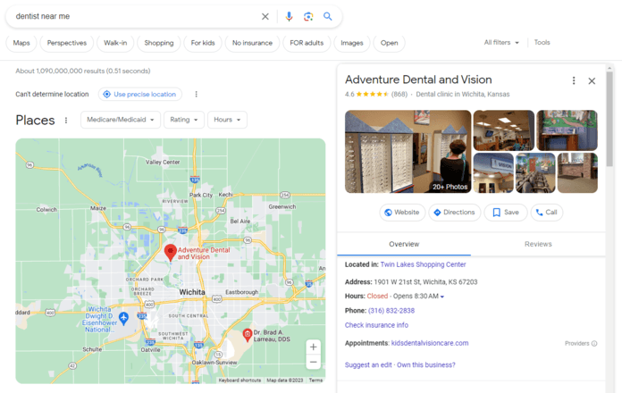 Google Business Profile listing for a dental office