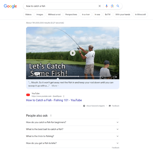 Video featured snippet result when searching how to catch a fish