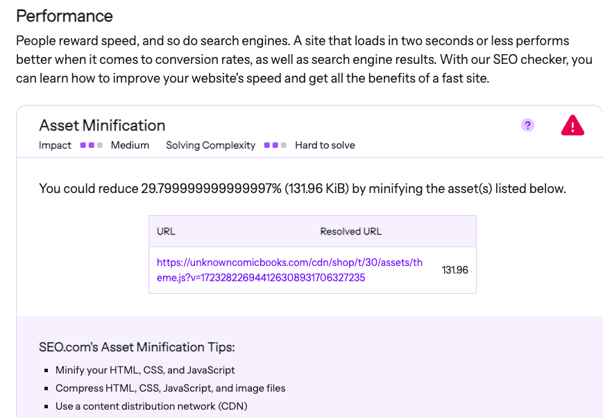 SEO checker's performance section highlighting the importance of site speed for search engine optimization.