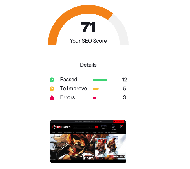 A graphic of an SEO checker report displaying a score of 71 with a semi-circular orange gauge. Below the gauge, it lists the details: 12 passed items in green, 5 items to improve in yellow, and 3 errors in red. A screenshot of a gaming website's homepage is shown at the bottom.