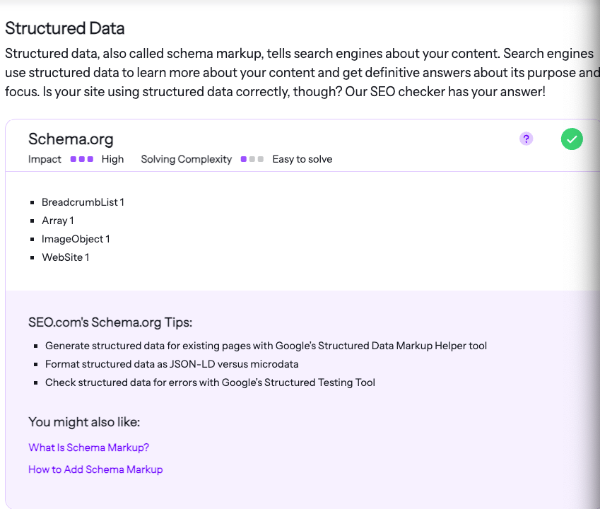 SEO checker report focusing on Structured Data with high impact and easy solving complexity.