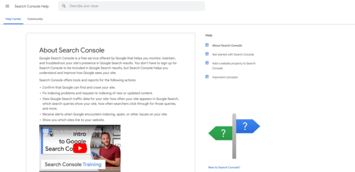 a screenshot of the google search console help page