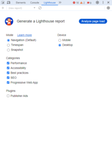 a page that says generate a lighthouse report on it