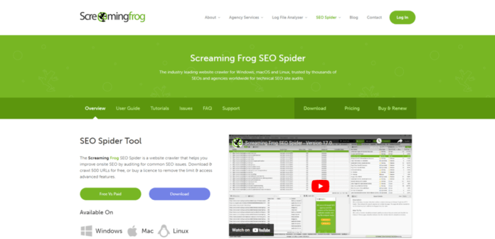 a screenshot of the screaming frog seo spider tool