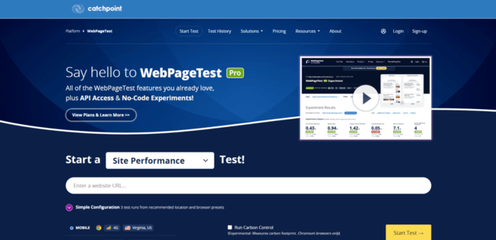 a webpage that says say hello to webpagetest pro