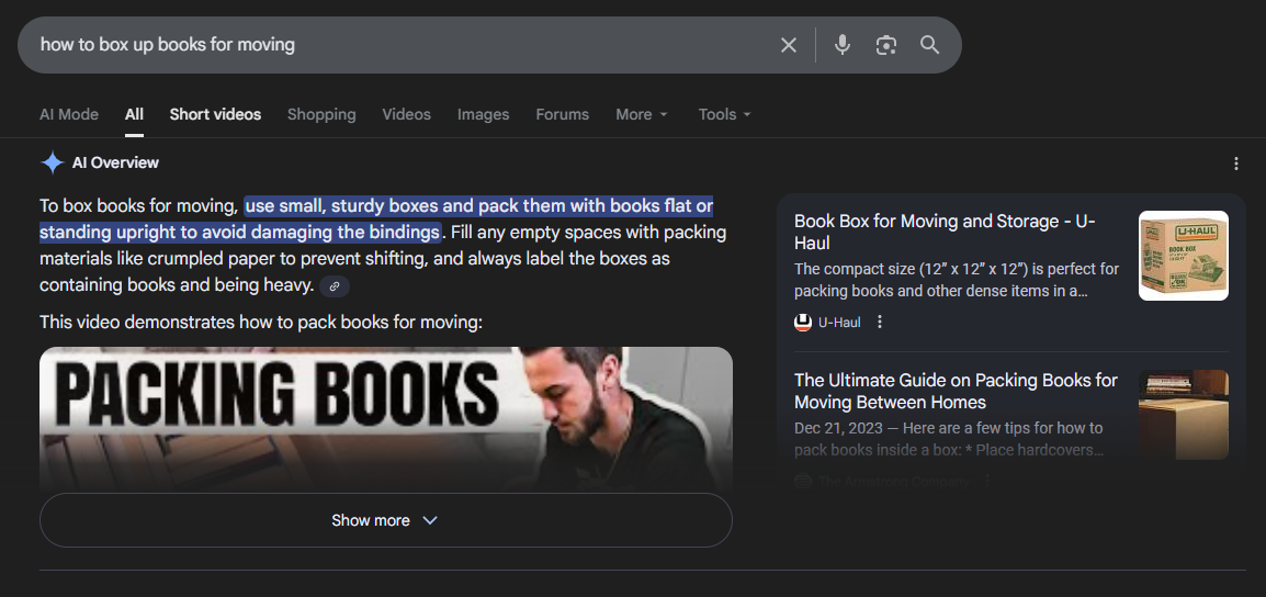 AI Overviews for packing books
