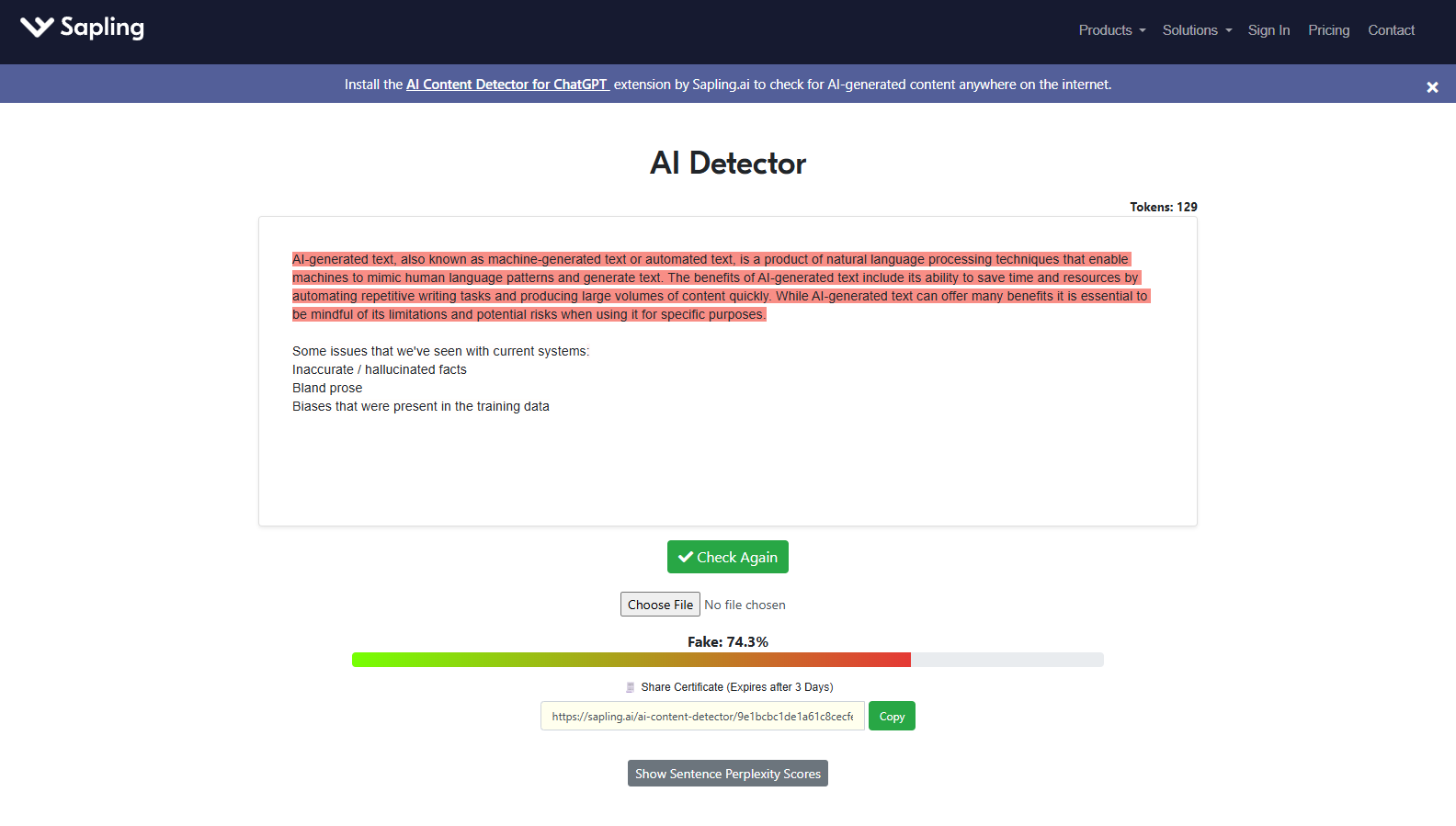 Sapling AI detector