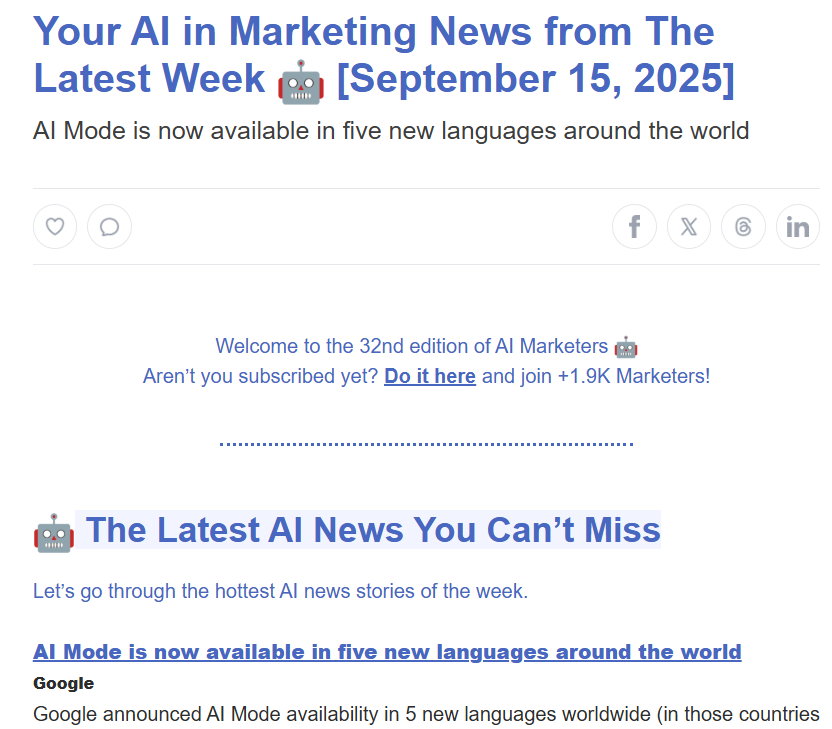 Preview of AI Marketers email newsletter