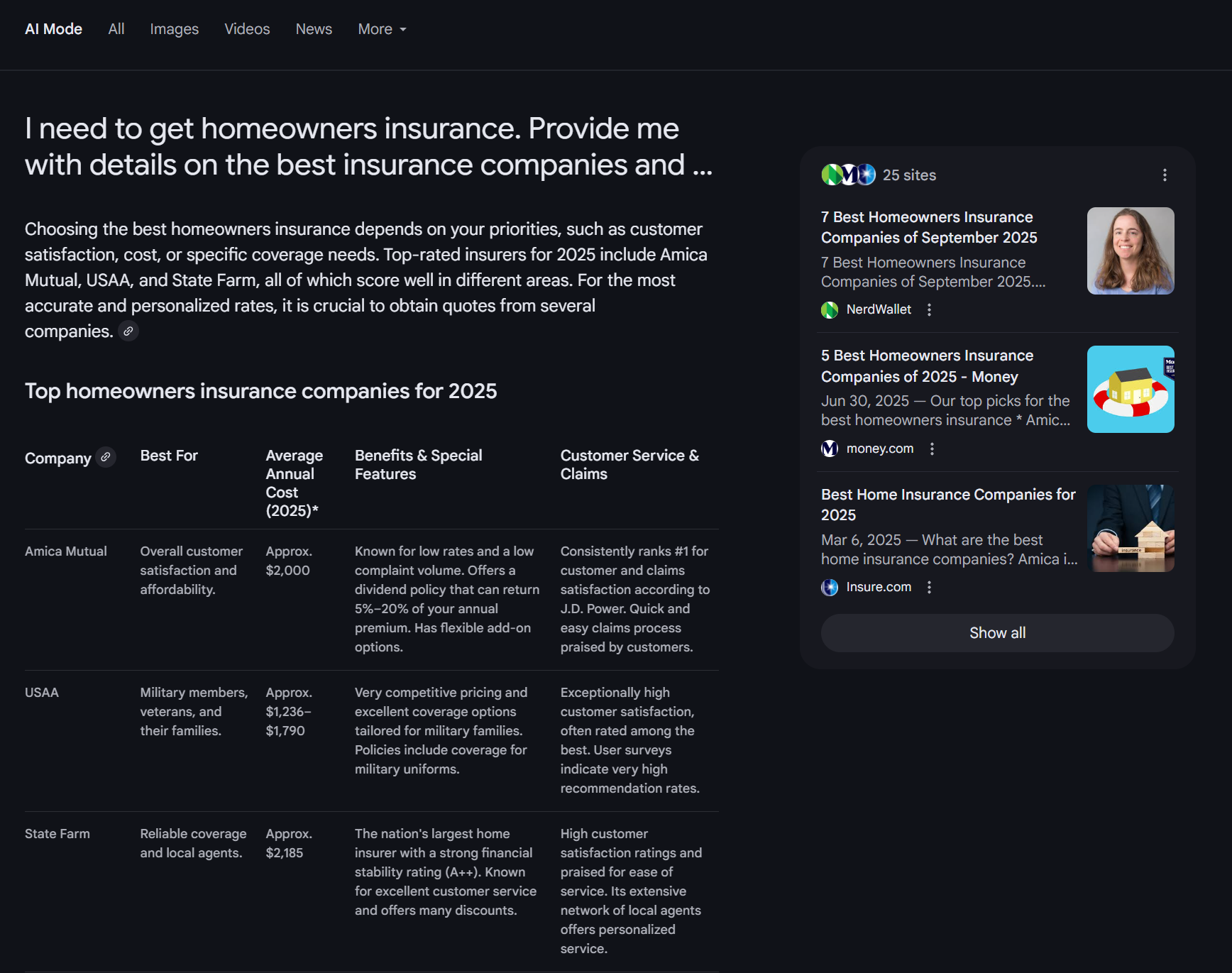 AI Mode's response to a query about homeowner's insurance