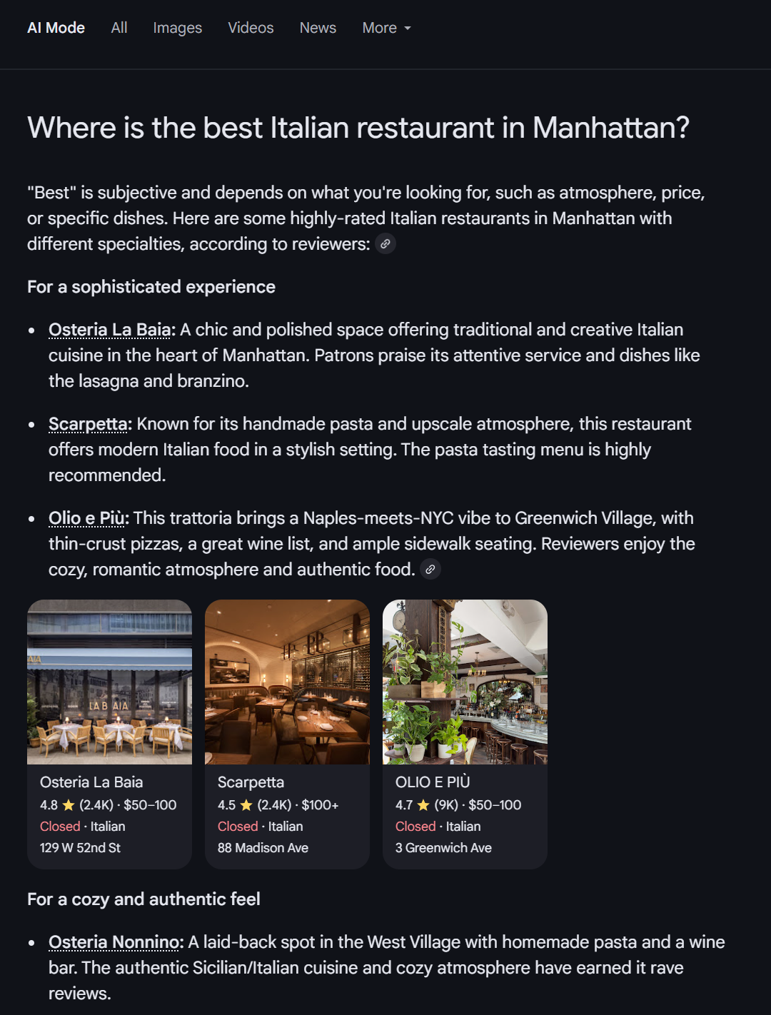 AI Mode's response to a query about Italian restaurants