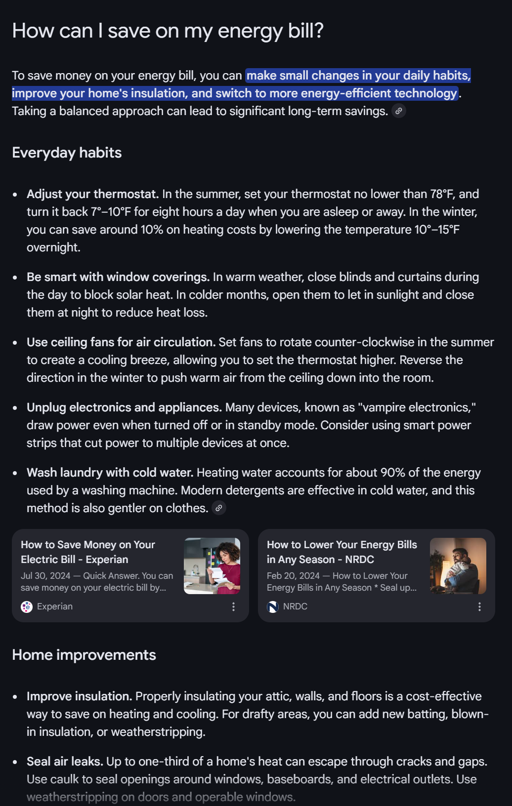 AI Mode's response to a query about saving on an energy bill