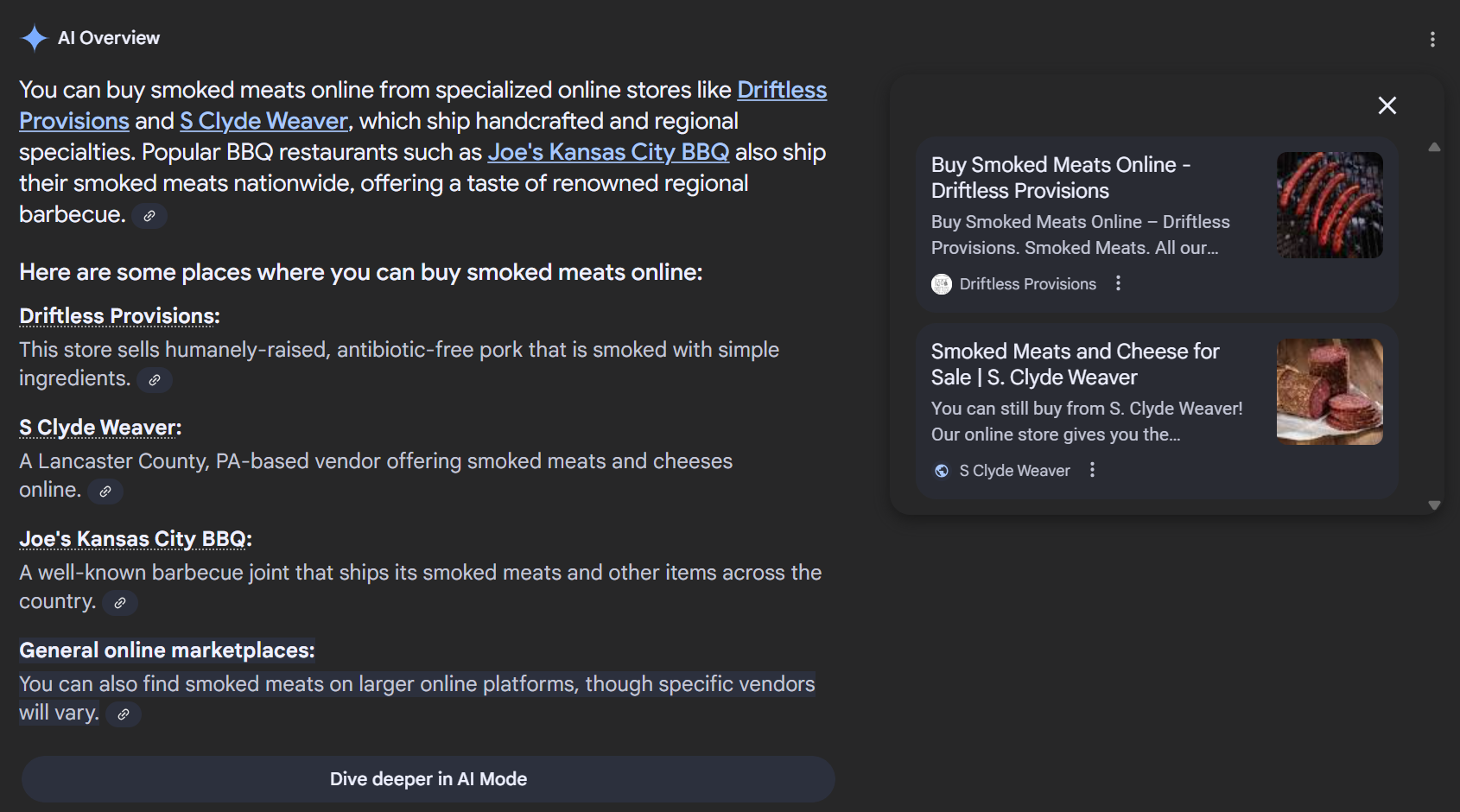 AI Overviews' response to the smoked meat query