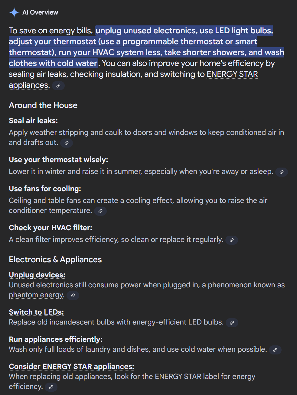 AI Overviews response to a query on how to save on an energy bill