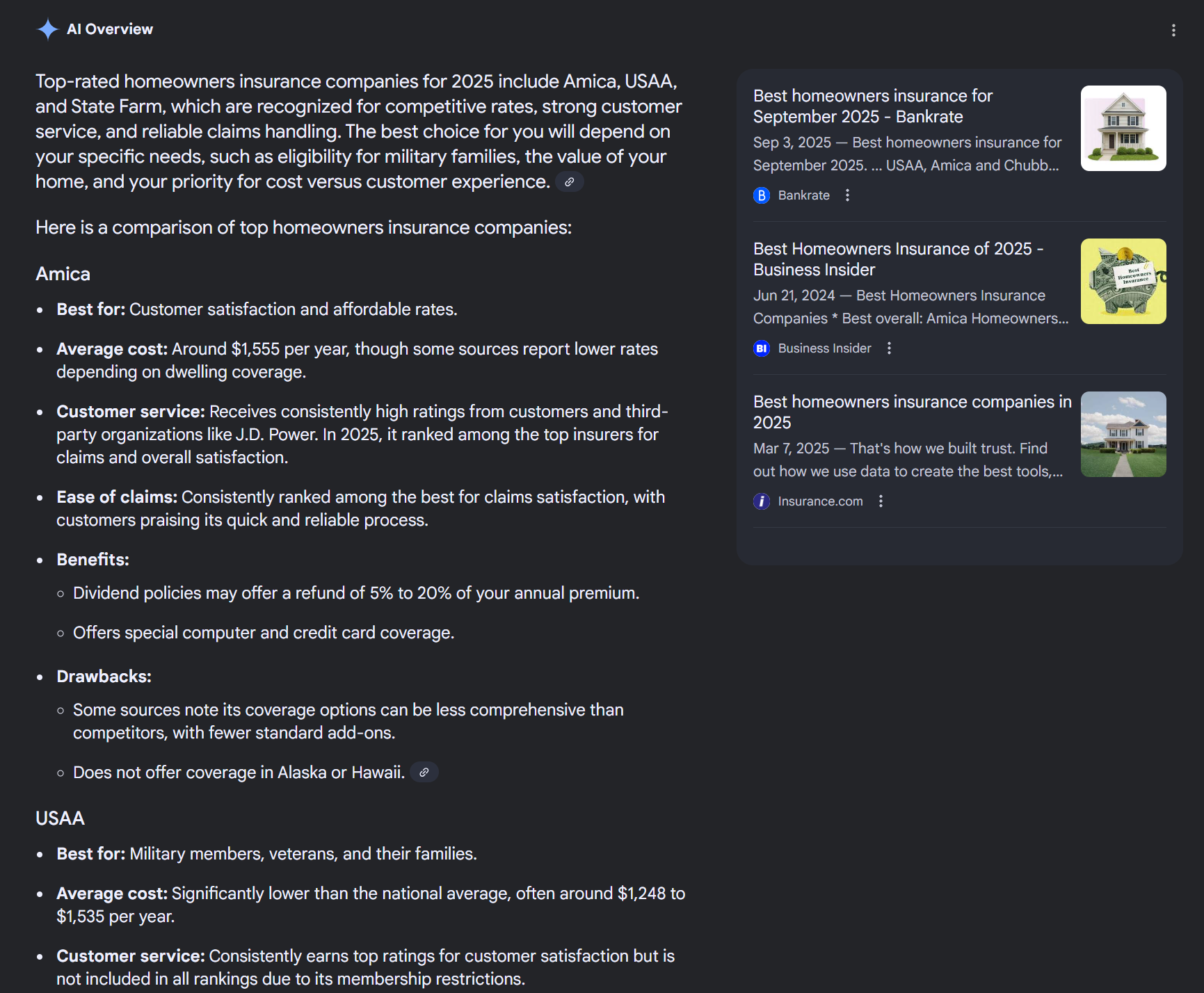 AI Overviews response to a home insurance query