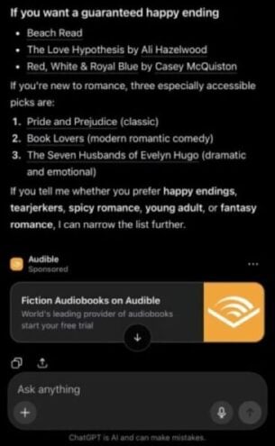 Audible ad appearing at the bottom of a ChatGPT search for books