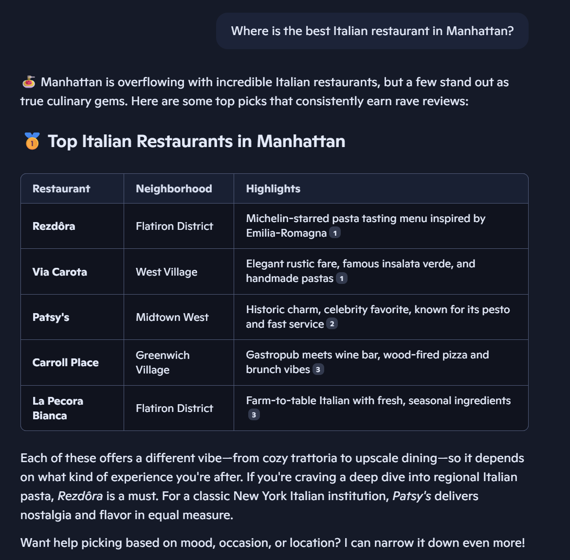 Copilot's response to a query about Italian restaurants
