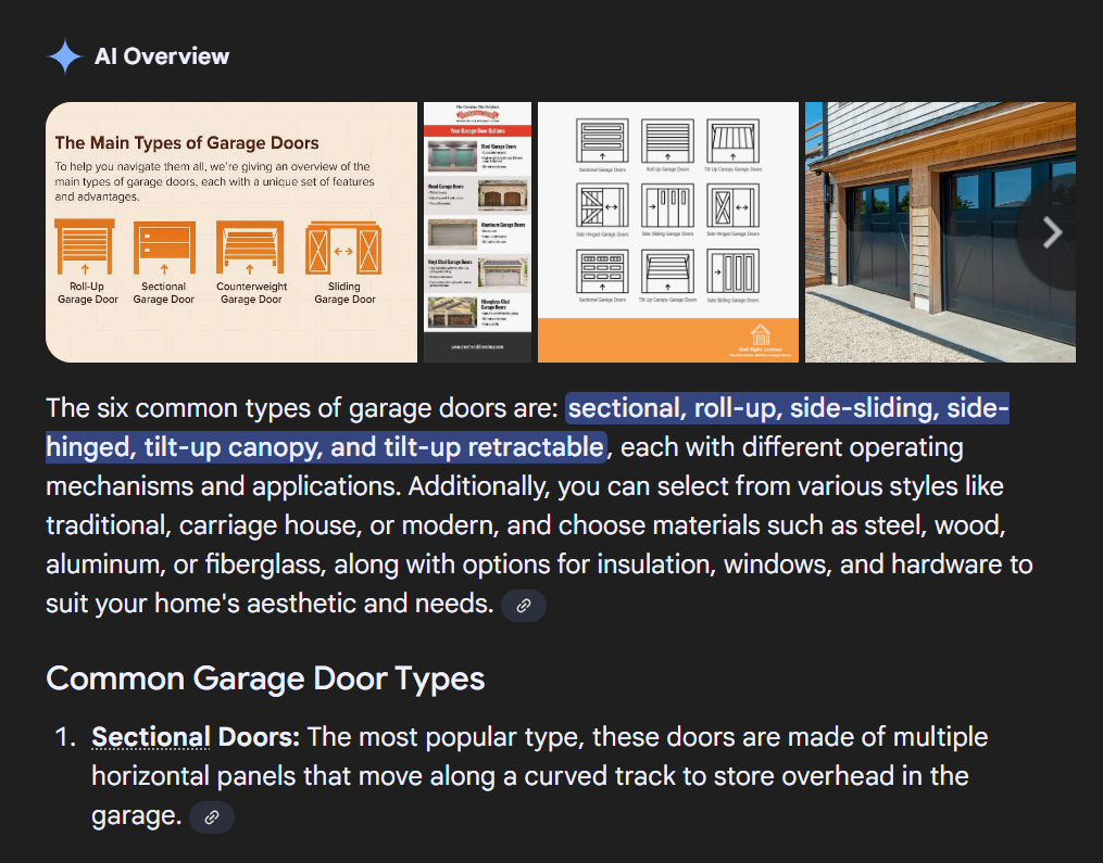 AI Overview results for a query on types of garage doors