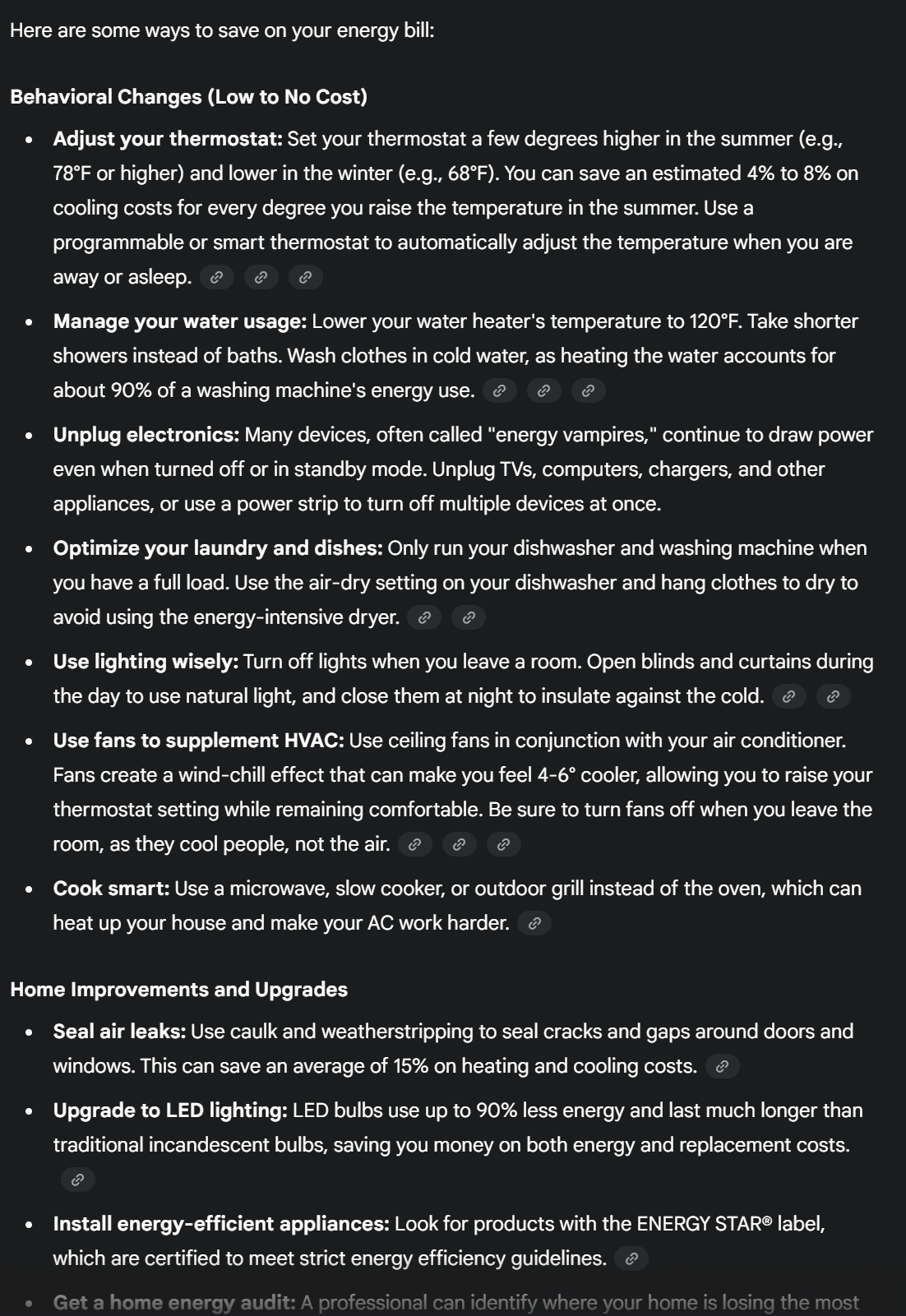 Gemini's response on how to save on an energy bill